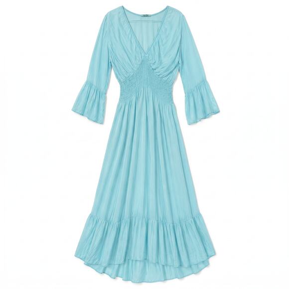 Meo Meli Dresses & Skirts - Italian 100% Silk Aqua Mint Smocked Waist Maxi Dress | Balloon Sleeves